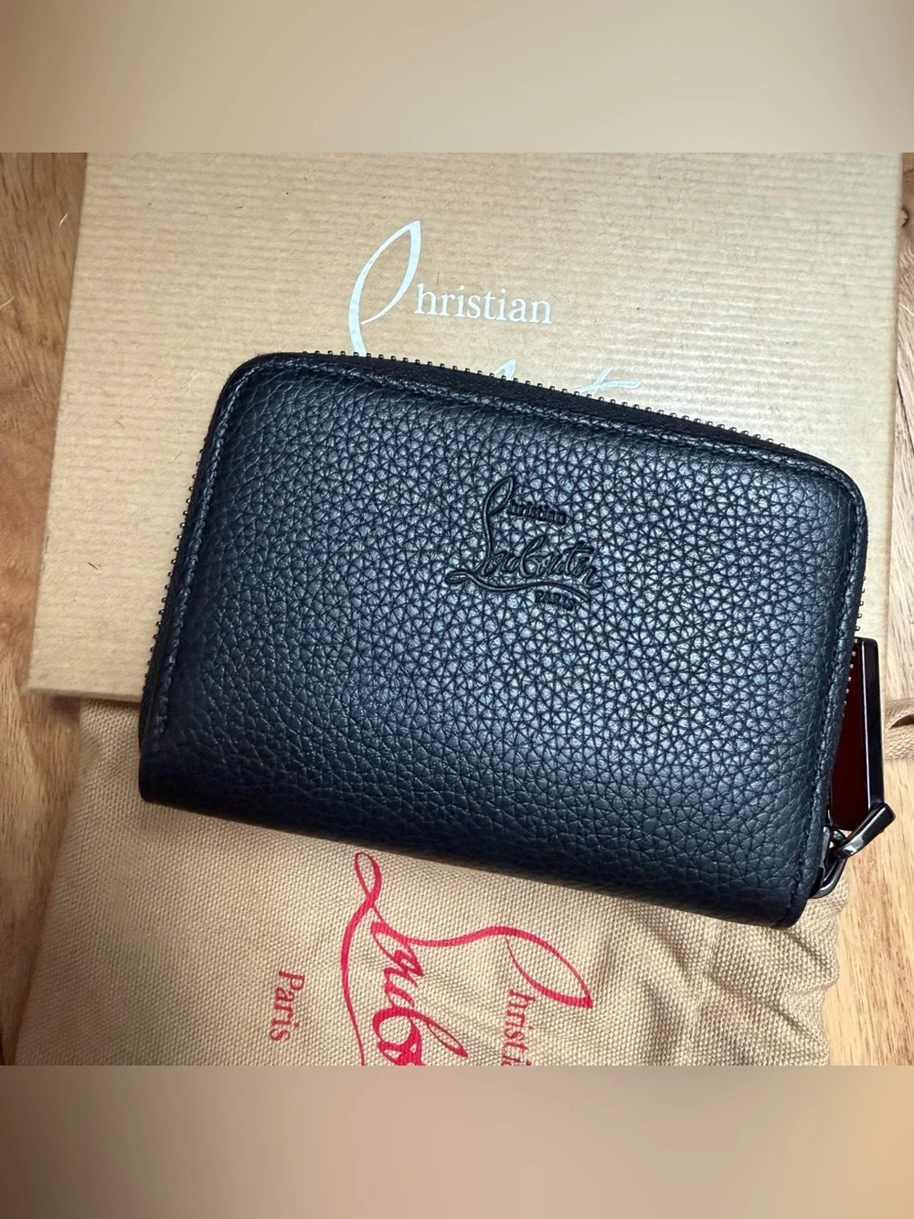 NEW Christian Louboutin black leather PANETTONE zip COIN PURSE card case wallet